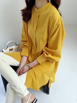 【美品】ハーヴェルスタジオ　バンドカラーシアーチュニックシャツ　黄色 美品】ハーヴェルスタジオ バンドカラーシアーチュニックシャツ 黄色
