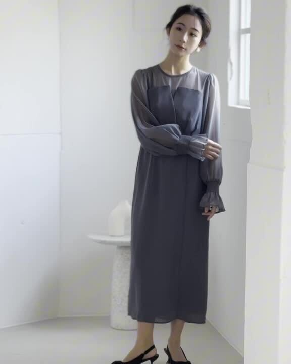 ボリュームスリーブシフォンロングワンピース（ホワイト×ブラック） ボリュームスリーブシフォンロングワンピース ドレス 結婚式