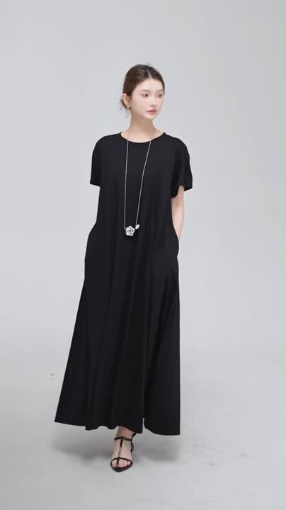 美品 リネン シャツ ロング ワンピース 半袖 バンドカラー