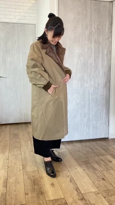 【ミズイロインド】ボンディングピーコート　ロング　裏ボア　ゆったり　グレー ミズイロインド】ボンディングピーコートロング裏ボアゆったりグレー