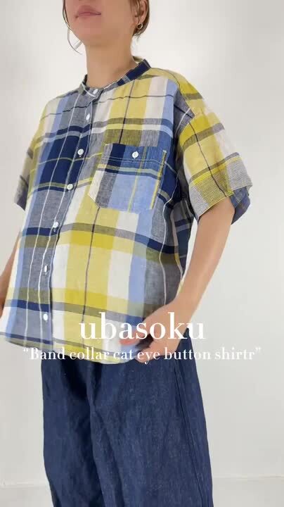 ブラウス シャツ 綿ローンバンドカラーワンポケ猫目釦　半袖シャツ レディース 楽天市場】ubasoku (ウバソク)バンドカラーワンポケ猫目釦 半袖