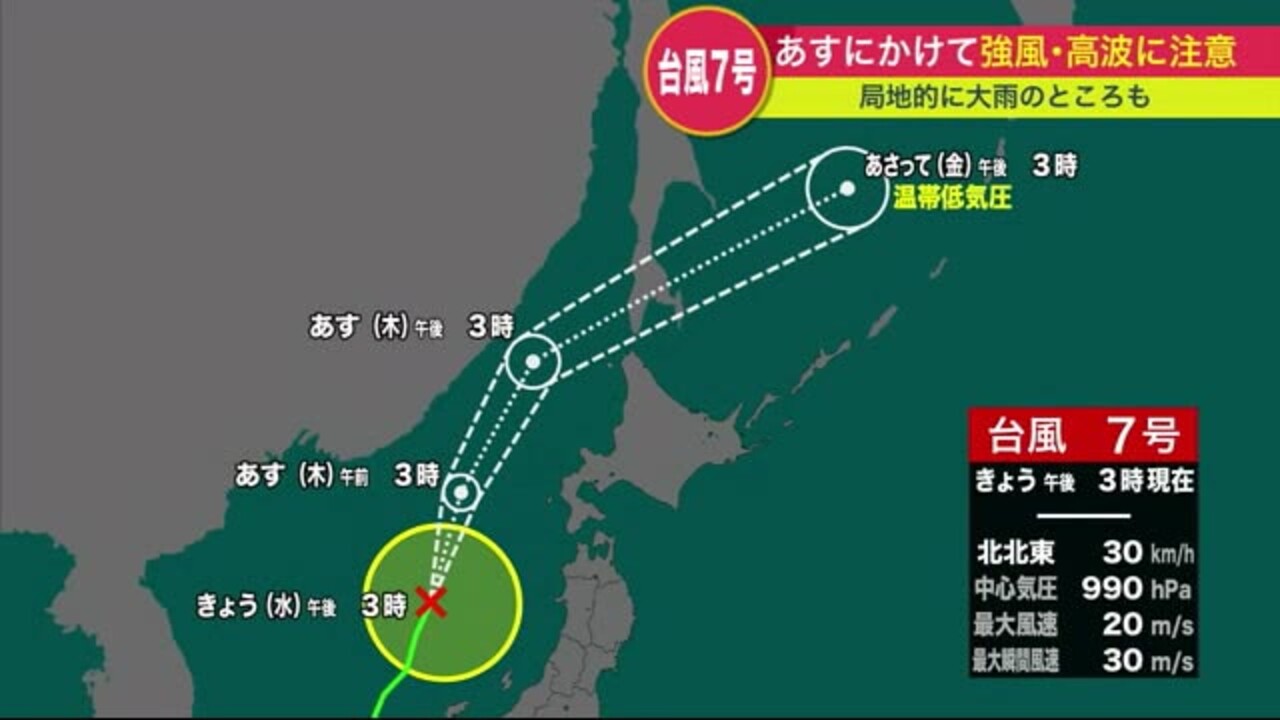 「台風7号」北海道は16日夜から17日にかけて北海道の西を北上する 