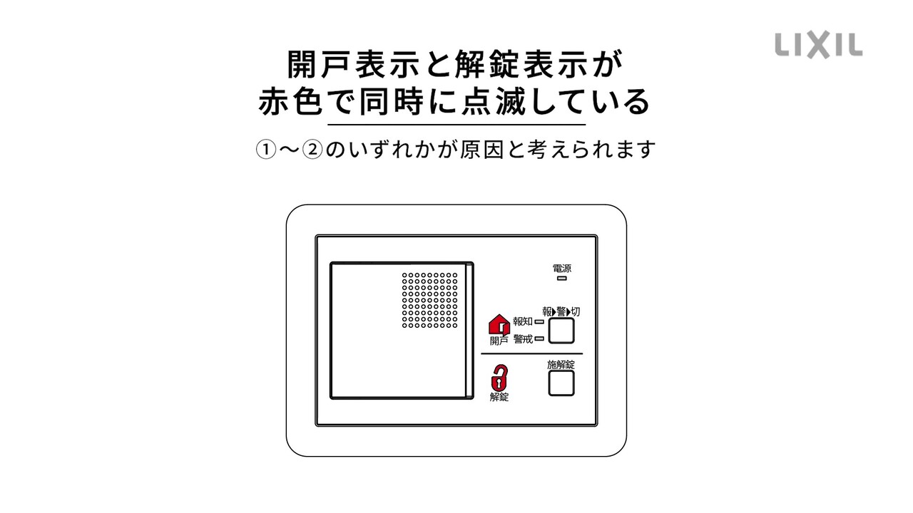 開戸表示と解錠表示が赤色で同時に点滅している – 電気錠サポート